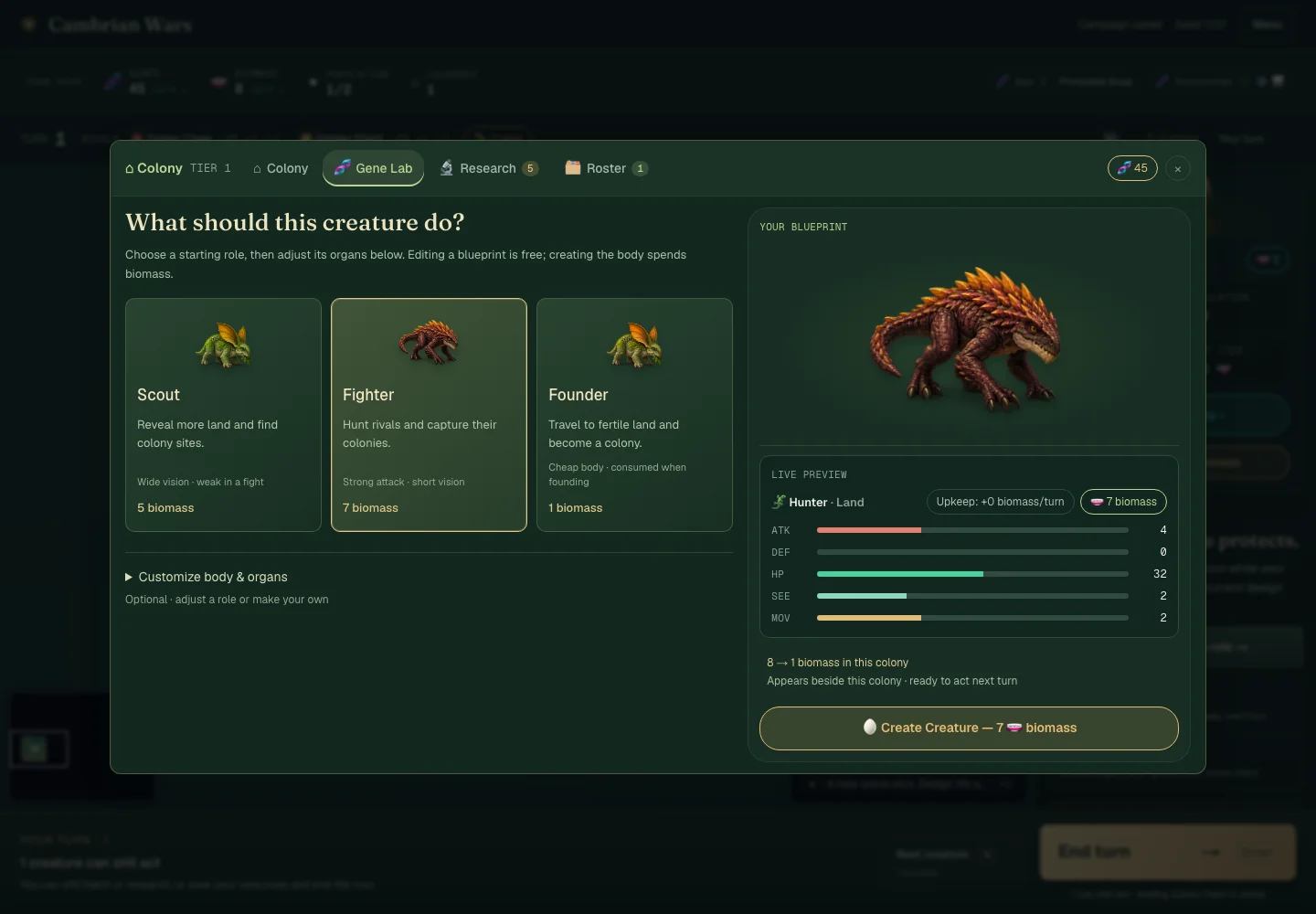 Gene Lab creature designer and anatomy options